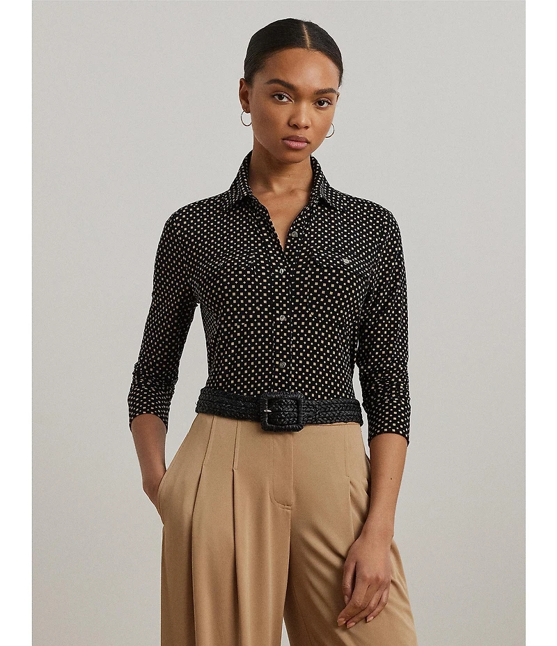 Lauren Ralph Lauren Jersey Two-Tone Geometric Collared Long Sleeve Button Front Shirt