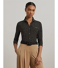 Lauren Ralph Lauren Jersey Two-Tone Geometric Collared Long Sleeve Button Front Shirt