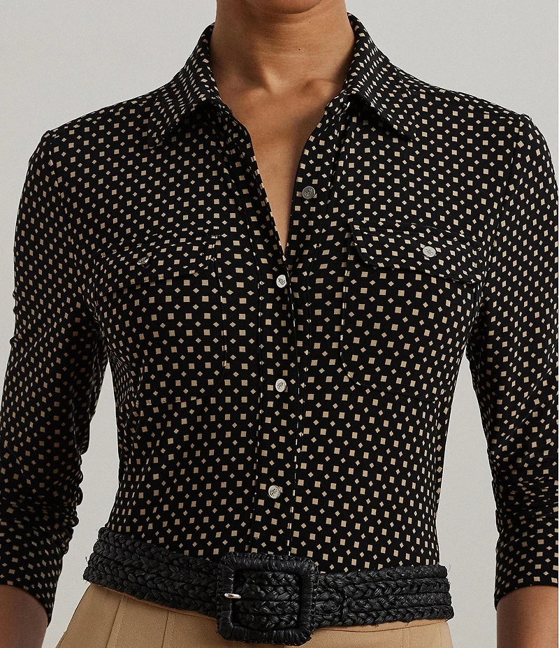 Lauren Ralph Lauren Jersey Two-Tone Geometric Collared Long Sleeve Button Front Shirt