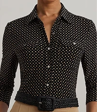 Lauren Ralph Lauren Jersey Two-Tone Geometric Collared Long Sleeve Button Front Shirt