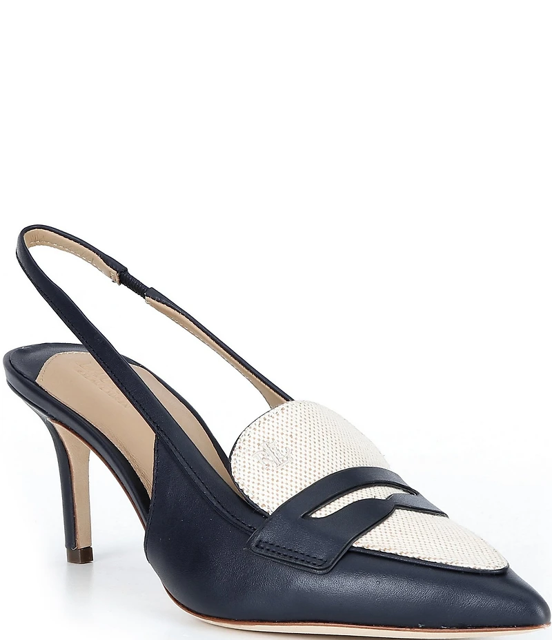Lauren Ralph Lauren Khloe Leather Canvas Slingback Penny Loafer Pumps