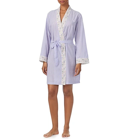 Lauren Ralph Lauren Kimono Sleeve Border Trimmed Striped Short Robe