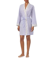 Lauren Ralph Lauren Kimono Sleeve Border Trimmed Striped Short Robe