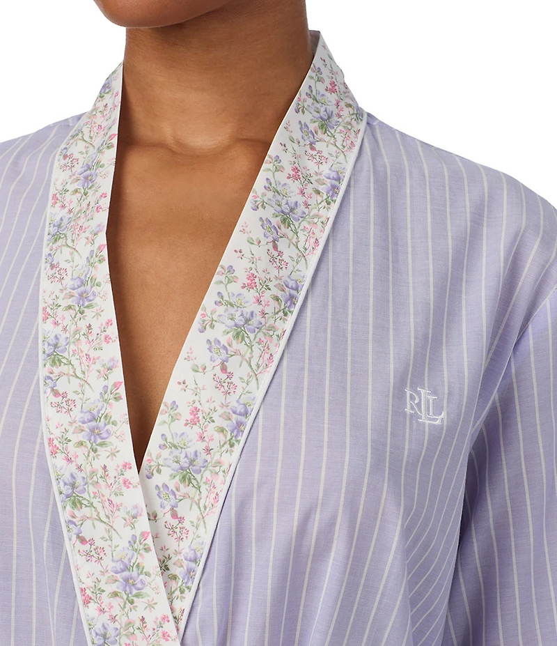 Lauren Ralph Lauren Kimono Sleeve Border Trimmed Striped Short Robe