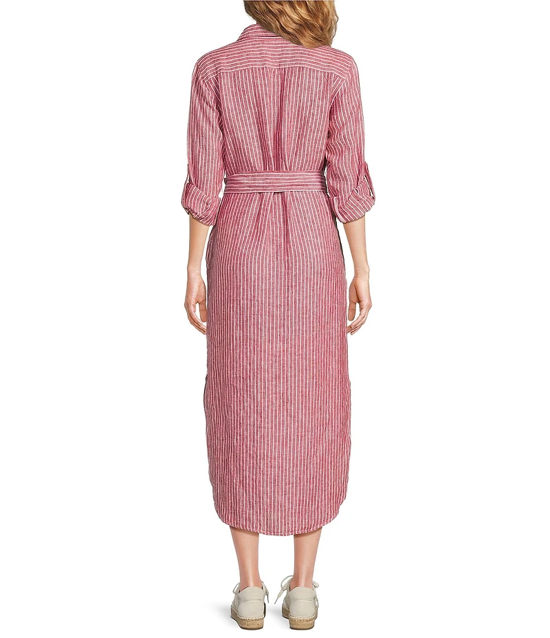 Lauren Ralph Lauren Kiredel Stripe Linen Point Collar Roll-Tab Sleeves Belted Button Front Midi Shirt Dress