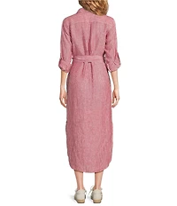 Lauren Ralph Lauren Kiredel Stripe Linen Point Collar Roll-Tab Sleeves Belted Button Front Midi Shirt Dress