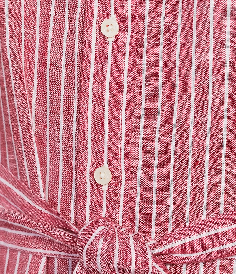 Lauren Ralph Lauren Kiredel Stripe Linen Point Collar Roll-Tab Sleeves Belted Button Front Midi Shirt Dress