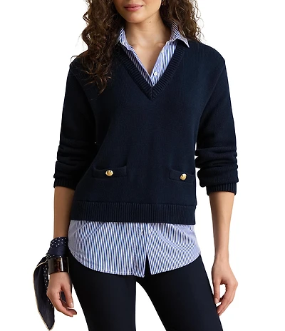 Lauren Ralph Lauren Knit and Stripe V-Neck Point Collar Long Sleeve Sweater and Shirt 2for
