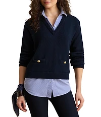 Lauren Ralph Lauren Knit and Stripe V-Neck Point Collar Long Sleeve Sweater and Shirt 2for