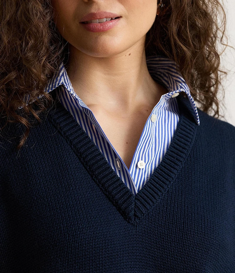 Lauren Ralph Lauren Knit and Stripe V-Neck Point Collar Long Sleeve Sweater and Shirt 2for
