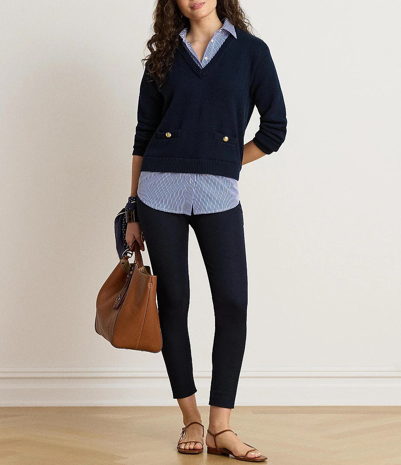 Lauren Ralph Lauren Knit and Stripe V-Neck Point Collar Long Sleeve Sweater and Shirt 2for
