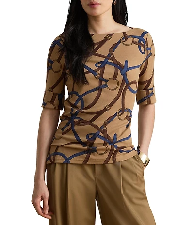 Lauren Ralph Lauren Knit Belting Print Boat Neck 3/4 Sleeve Top