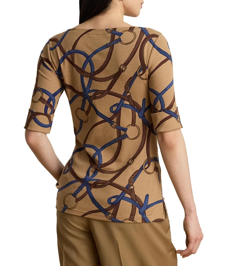 Lauren Ralph Lauren Knit Belting Print Boat Neck 3/4 Sleeve Top