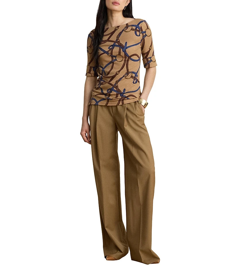 Lauren Ralph Lauren Knit Belting Print Boat Neck 3/4 Sleeve Top