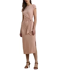 Lauren Ralph Lauren Knit Boat Neck Short Sleeve Front Tie Sheath Midi Dress