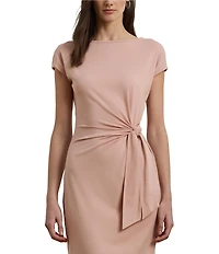 Lauren Ralph Lauren Knit Boat Neck Short Sleeve Front Tie Sheath Midi Dress