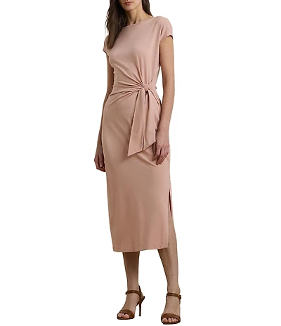 Lauren Ralph Lauren Knit Boat Neck Cap Sleeve Front Tie Sheath Midi Dress