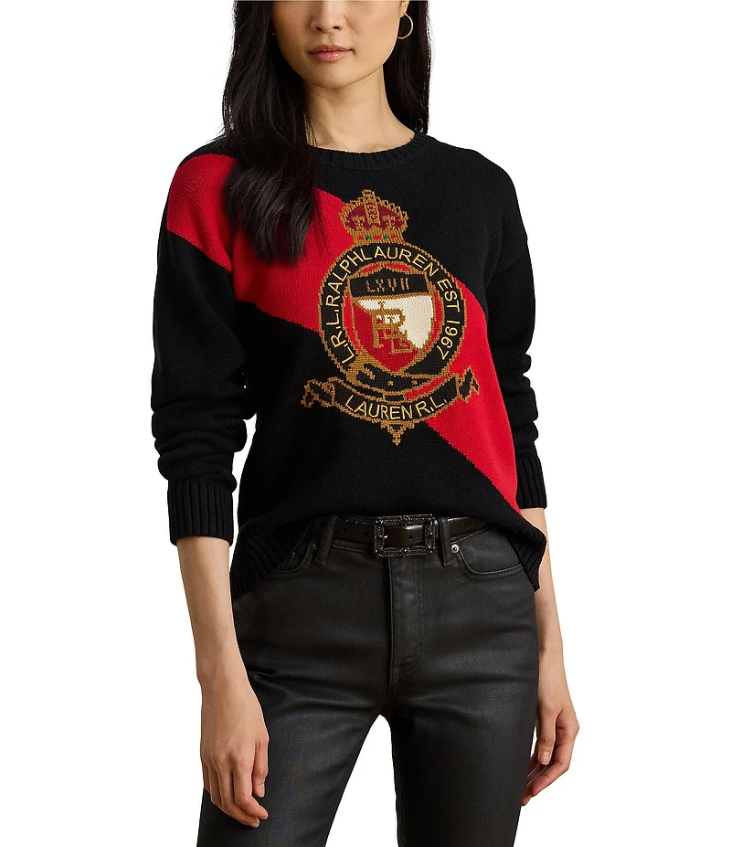 Lauren Ralph Lauren Knit Color Block Ribbed Crew Neck Long Sleeve Logo Sweater