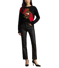 Lauren Ralph Lauren Knit Color Block Ribbed Crew Neck Long Sleeve Logo Sweater