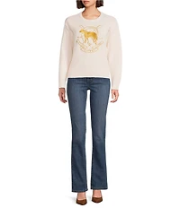 Lauren Ralph Lauren Knit Embroidered Horse Motif Crew Neck Long Sleeve Sweater
