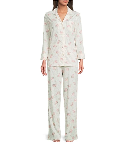 Lauren Ralph Lauren Knit Floral Print 3/4 Sleeve Notch Collar Long Pajama Set