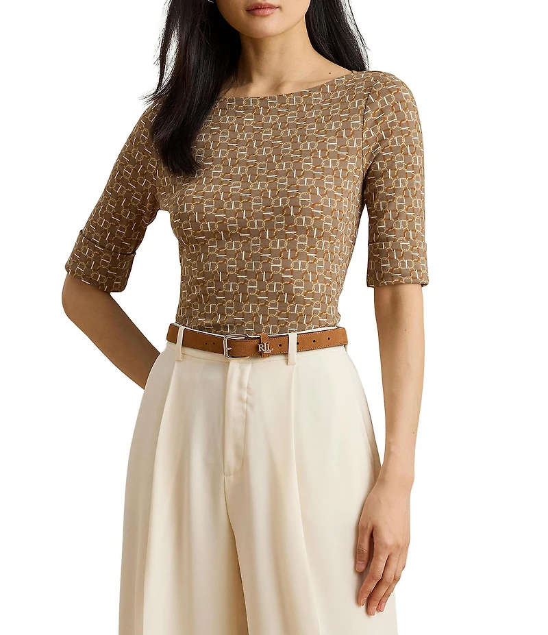 Lauren Ralph Lauren Knit Geo Print Stretch Cotton Boat Neck Elbow Sleeve Tee