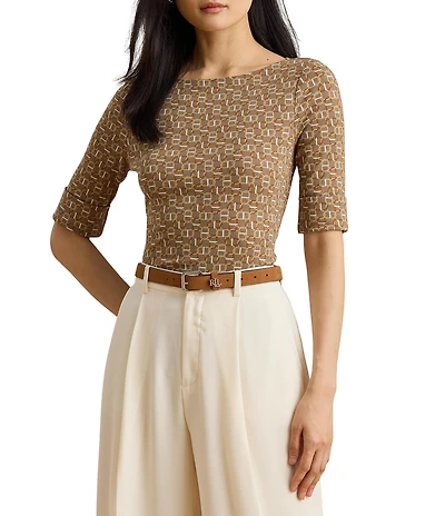 Lauren Ralph Lauren Knit Geo Print Stretch Cotton Boat Neck Elbow Sleeve Tee