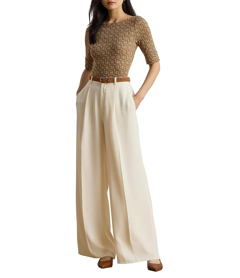Lauren Ralph Lauren Knit Geo Print Stretch Cotton Boat Neck Elbow Sleeve Tee