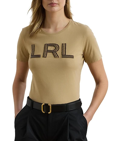 Lauren Ralph Lauren Knit Jersey Beaded Logo Crew Neck Short Sleeve Tee
