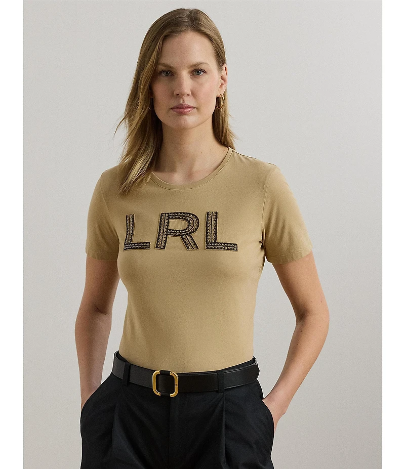 Lauren Ralph Lauren Knit Jersey Beaded Logo Crew Neck Short Sleeve Tee
