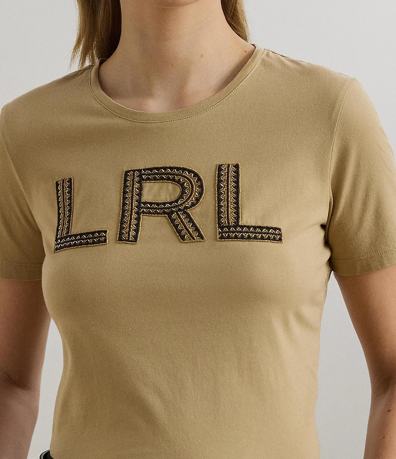 Lauren Ralph Lauren Knit Jersey Beaded Logo Crew Neck Short Sleeve Tee