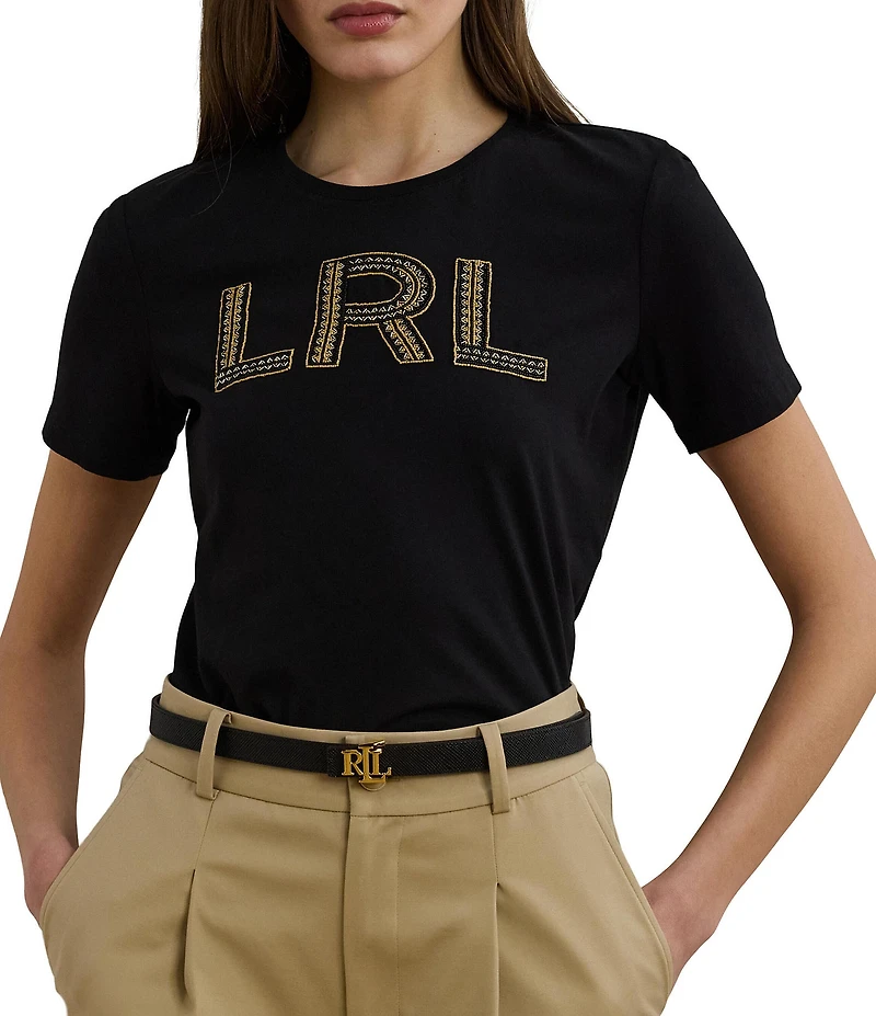 Lauren Ralph Lauren Knit Jersey Beaded Logo Crew Neck Short Sleeve Tee