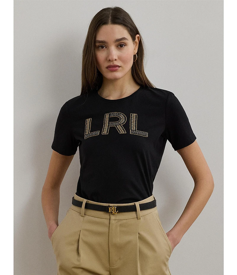 Lauren Ralph Lauren Knit Jersey Beaded Logo Crew Neck Short Sleeve Tee