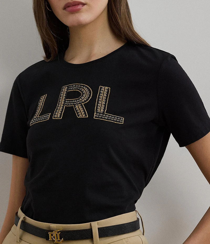 Lauren Ralph Lauren Knit Jersey Beaded Logo Crew Neck Short Sleeve Tee
