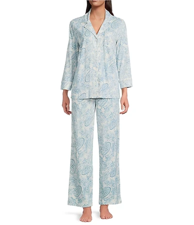 Lauren Ralph Lauren Knit Paisley Print 3/4 Sleeve Notch Collar Long Pajama Set