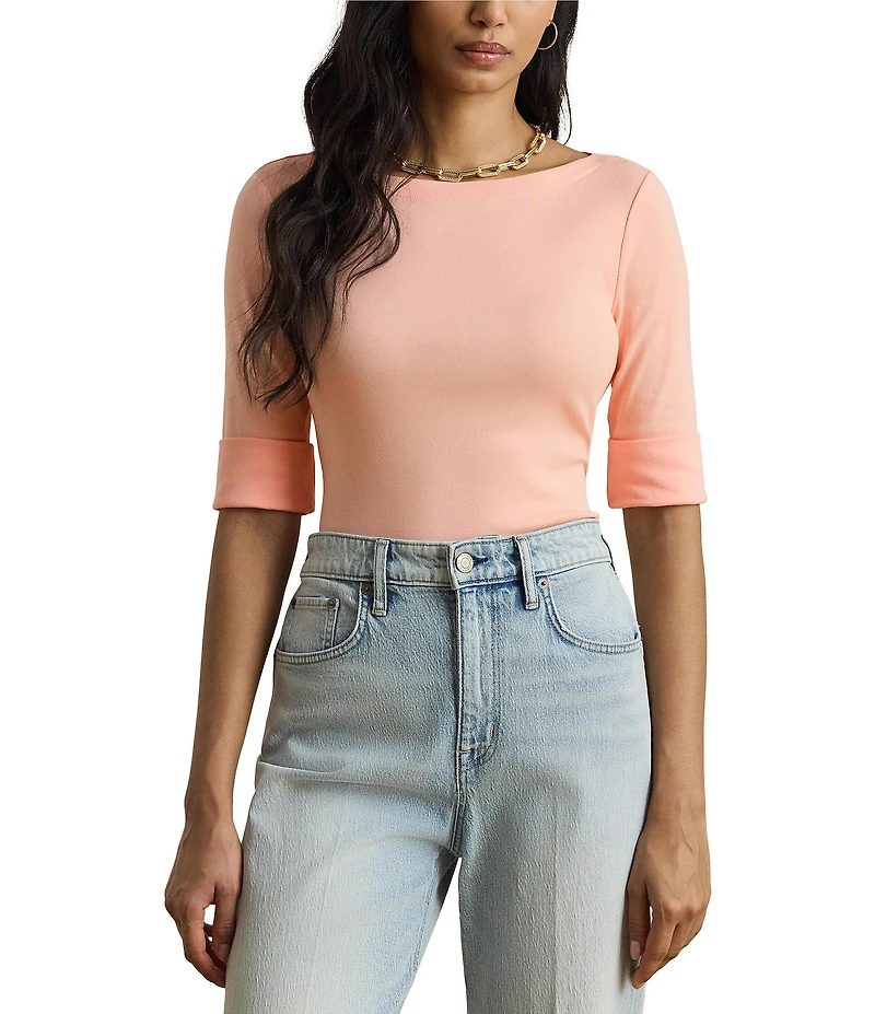 Lauren Ralph Lauren Knit Stretch Cotton Boat Neck Elbow Sleeves Top