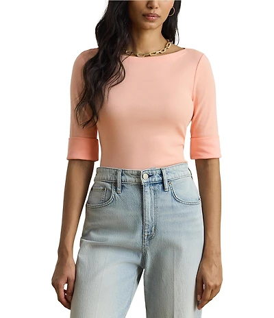 Lauren Ralph Lauren Knit Stretch Cotton Boat Neck Elbow Sleeves Top