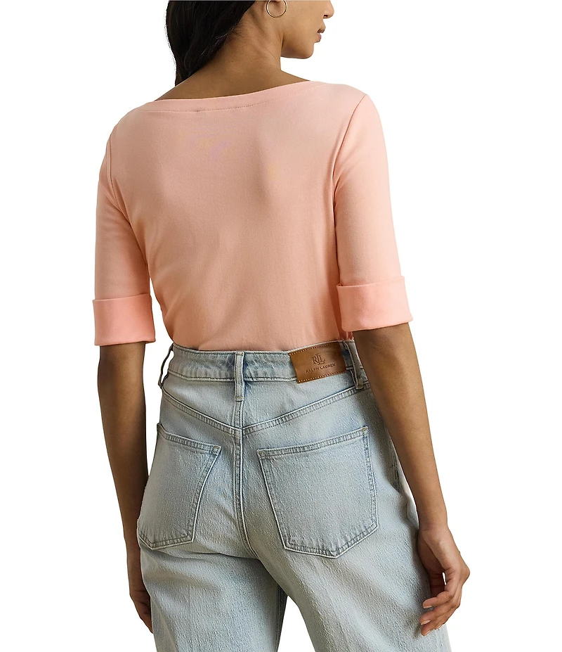 Lauren Ralph Lauren Knit Stretch Cotton Boat Neck Elbow Sleeves Top