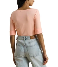Lauren Ralph Lauren Knit Stretch Cotton Boat Neck Elbow Sleeves Top