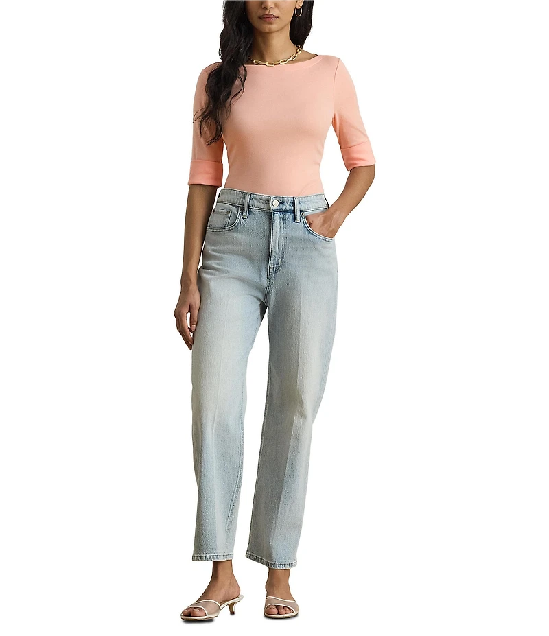 Lauren Ralph Lauren Knit Stretch Cotton Boat Neck Elbow Sleeves Top