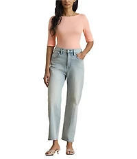 Lauren Ralph Lauren Knit Stretch Cotton Boat Neck Elbow Sleeves Top