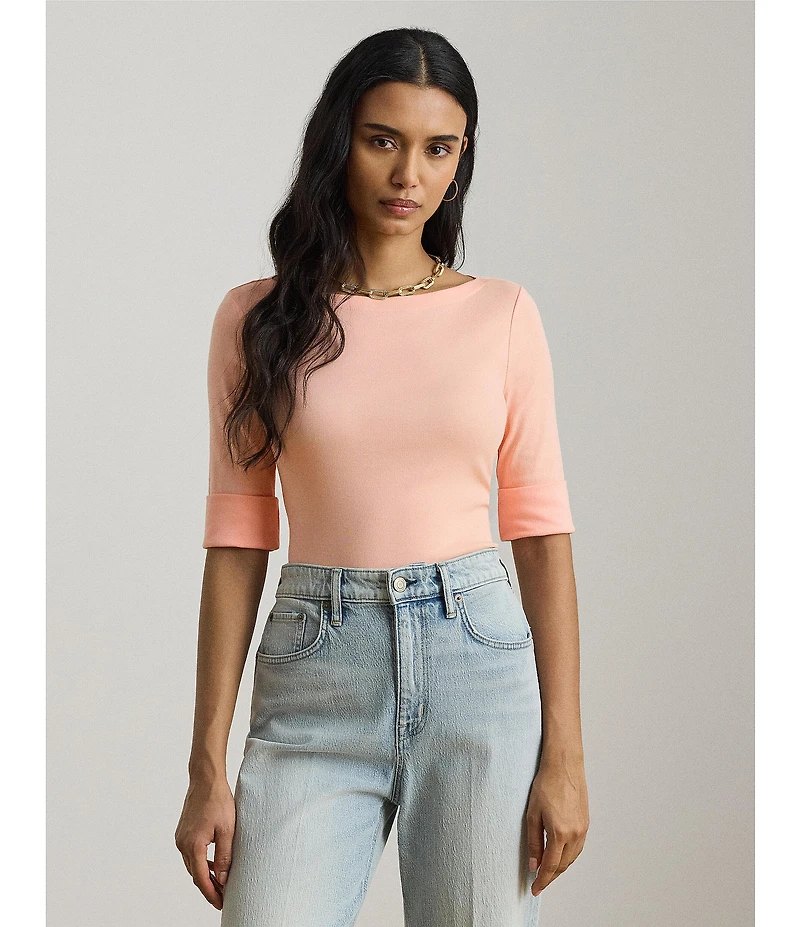 Lauren Ralph Lauren Knit Stretch Cotton Boat Neck Elbow Sleeves Top