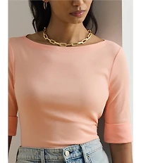 Lauren Ralph Lauren Knit Stretch Cotton Boat Neck Elbow Sleeves Top