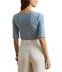 Lauren Ralph Lauren Knit Stretch Cotton Boat Neck Elbow Sleeves Top