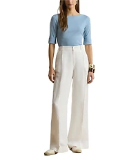 Lauren Ralph Lauren Knit Stretch Cotton Boat Neck Elbow Sleeves Top