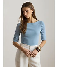 Lauren Ralph Lauren Knit Stretch Cotton Boat Neck Elbow Sleeves Top