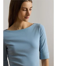 Lauren Ralph Lauren Knit Stretch Cotton Boat Neck Elbow Sleeves Top