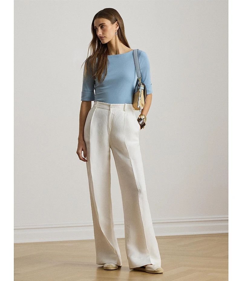 Lauren Ralph Lauren Knit Stretch Cotton Boat Neck Elbow Sleeves Top