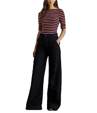 Lauren Ralph Lauren Knit Stripe Stretch Cotton Boat Neck Elbow Sleeve Tee