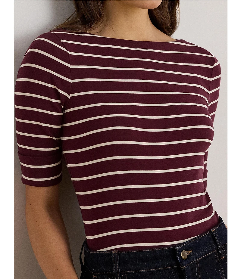 Lauren Ralph Lauren Knit Stripe Stretch Cotton Boat Neck Elbow Sleeve Tee